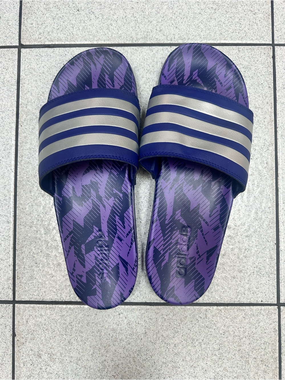 adidas Men’s Purple Patterned Slide Sandals with Silver Stripes